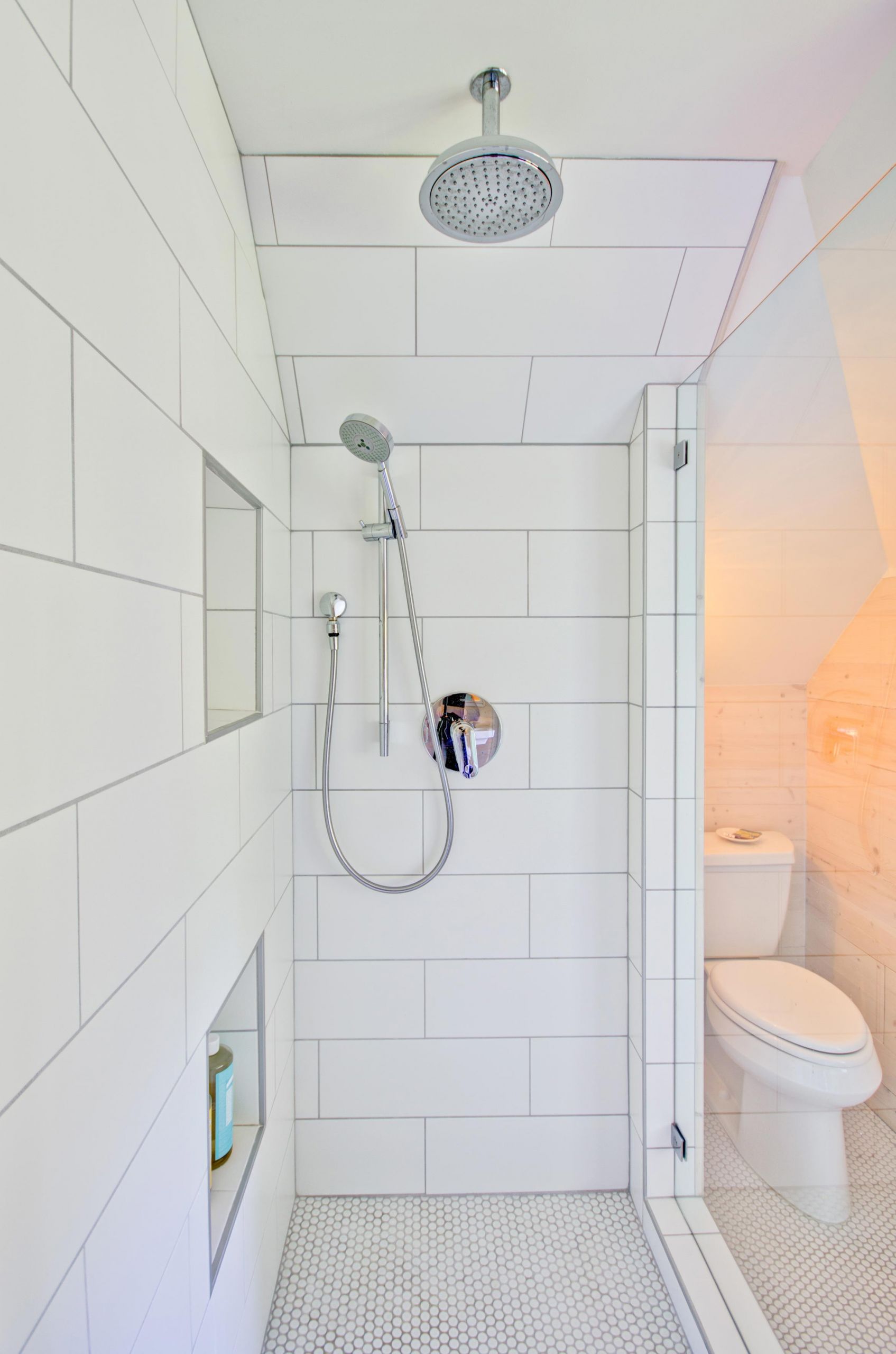 White Tile Bathroom Shower
 White Subway Shower Tile in Modern Farmhouse