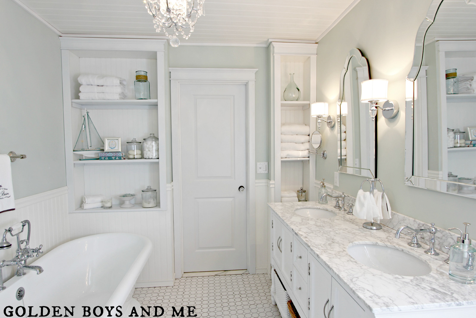 White Tile Bathroom Shower
 Golden Boys and Me Master Bathroom pedestal tub white