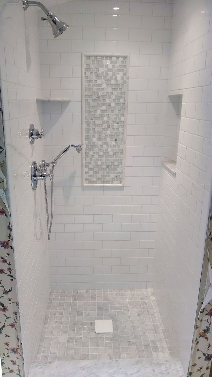 White Tile Bathroom Shower
 white subway & marble tile shower Google Search