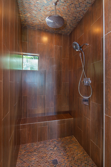 Wood Tiled Bathroom
 Master shower wood look ceramic tile Lake Travis