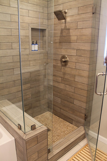 Wood Tiled Bathroom
 Faux Wood Tile in Modern Shower Contemporary Bathroom