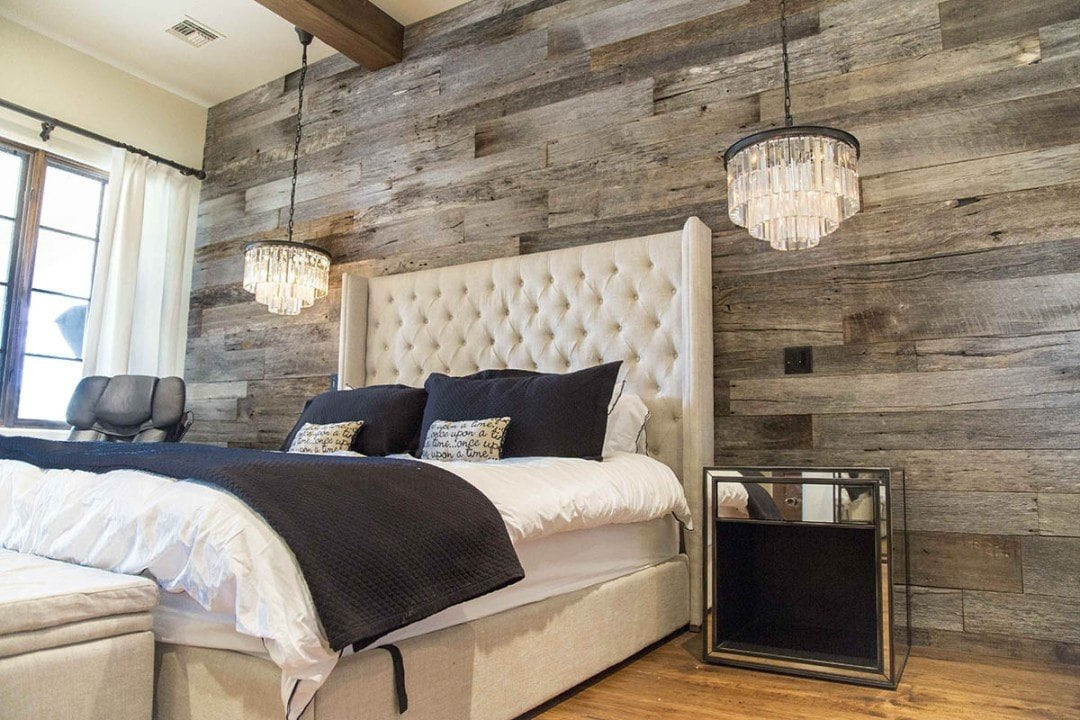 Wood Wall Bedroom
 Tobacco Barn Grey Wood Wall Covering – Master Bedroom