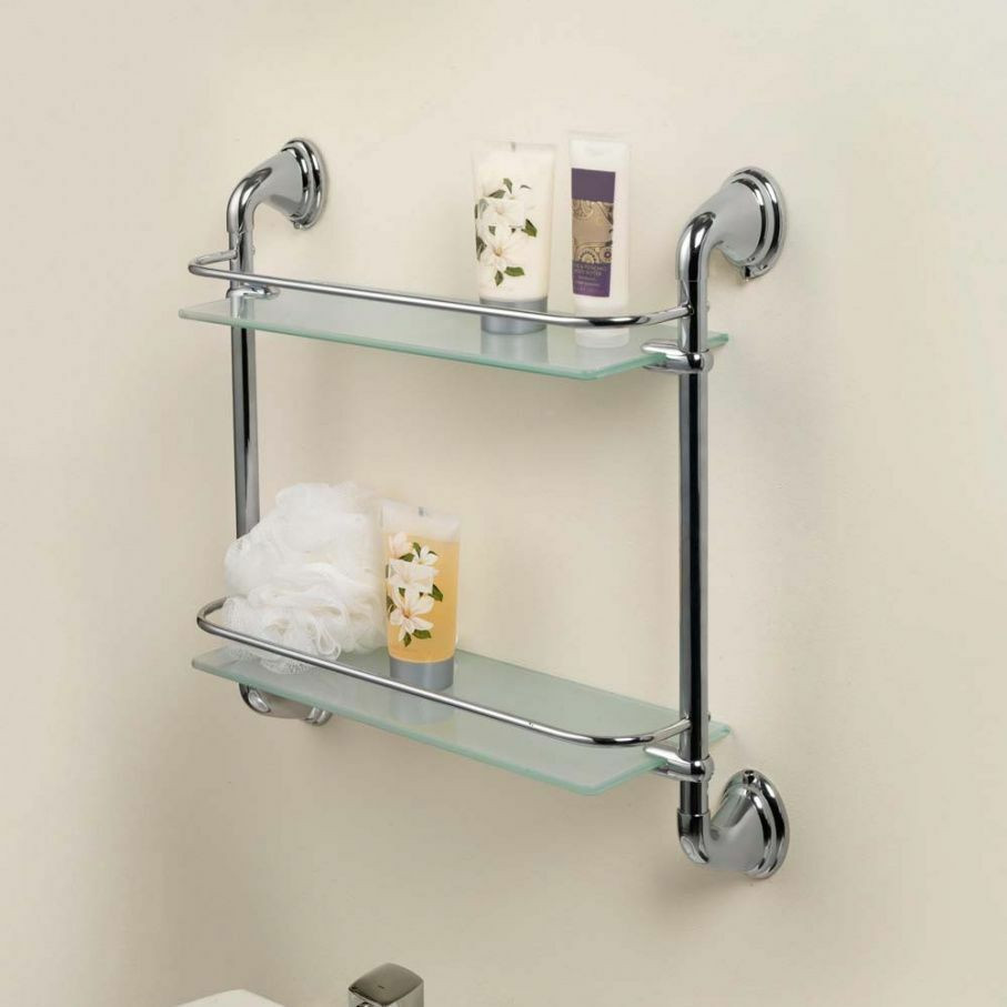 Bathroom Wall Shelf Unit
 Chrome 2 Tier Glass Wall Mounted Bath Bathroom Shelves