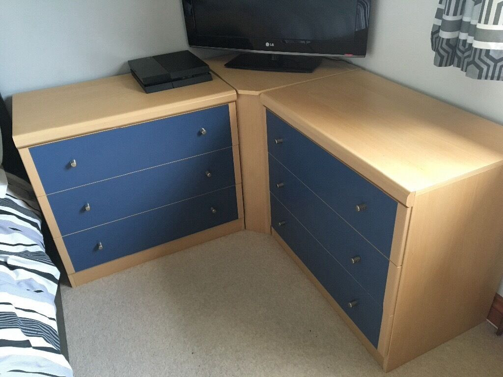 Corner Bedroom Storage
 Bedroom units 3 drawer chest x 2 desk with 3 drawer