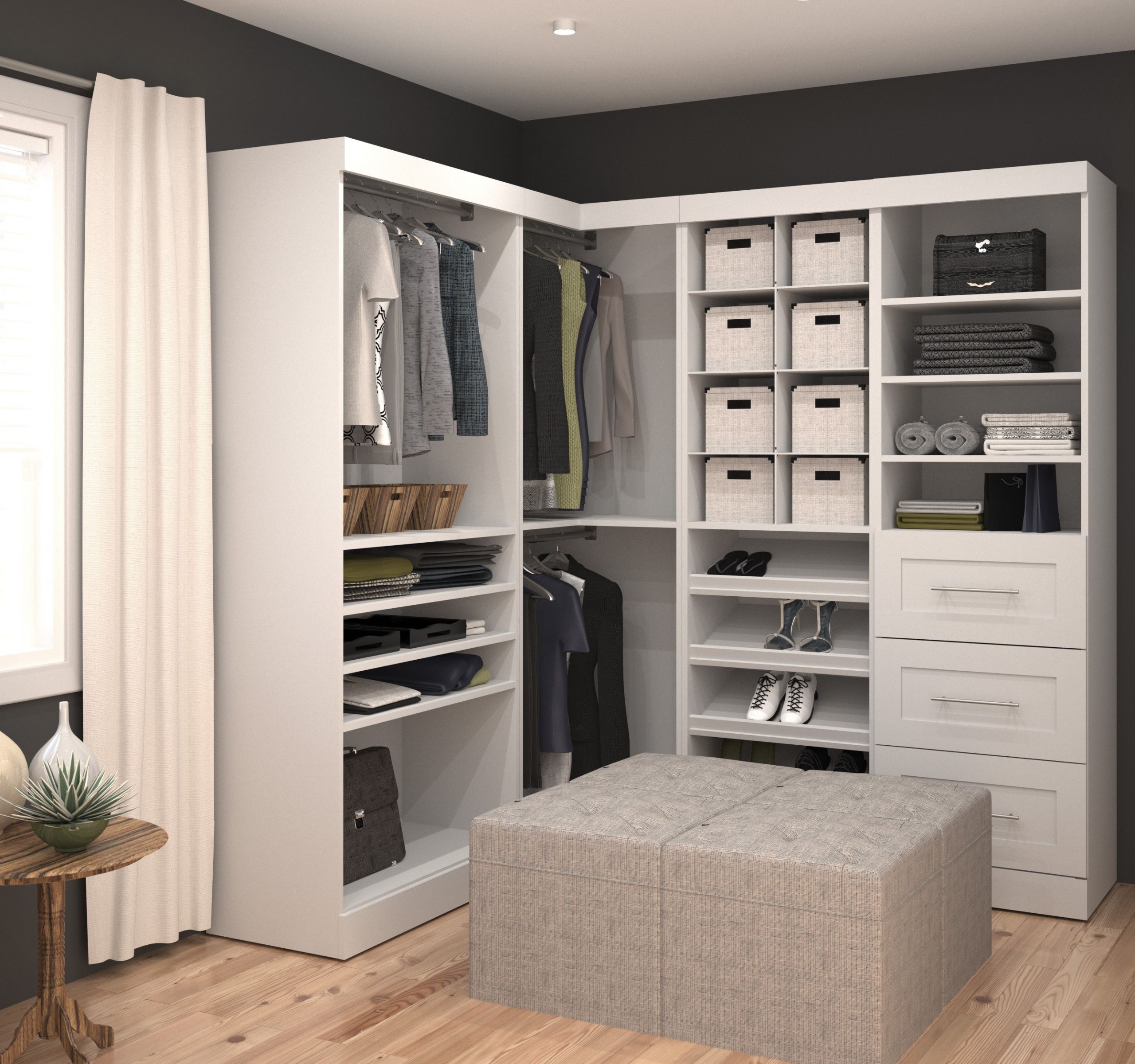 Corner Bedroom Storage
 Pure White 82" Corner Open Storage Unit With 3 Drawers