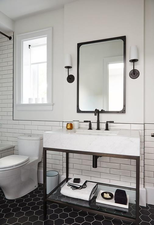 Industrial Style Bathroom Mirror
 Aged Steel and Marble Sink Vanity with Black Hex Tiles