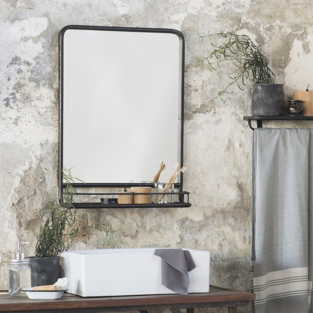 Industrial Style Bathroom Mirror
 Black Distressed Industrial Mirror with Shelf