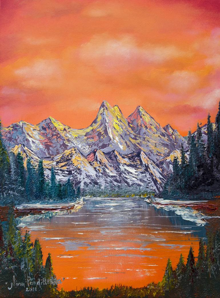 Mountain Landscape Painting
 Mountains landscape at sunset original oil painting