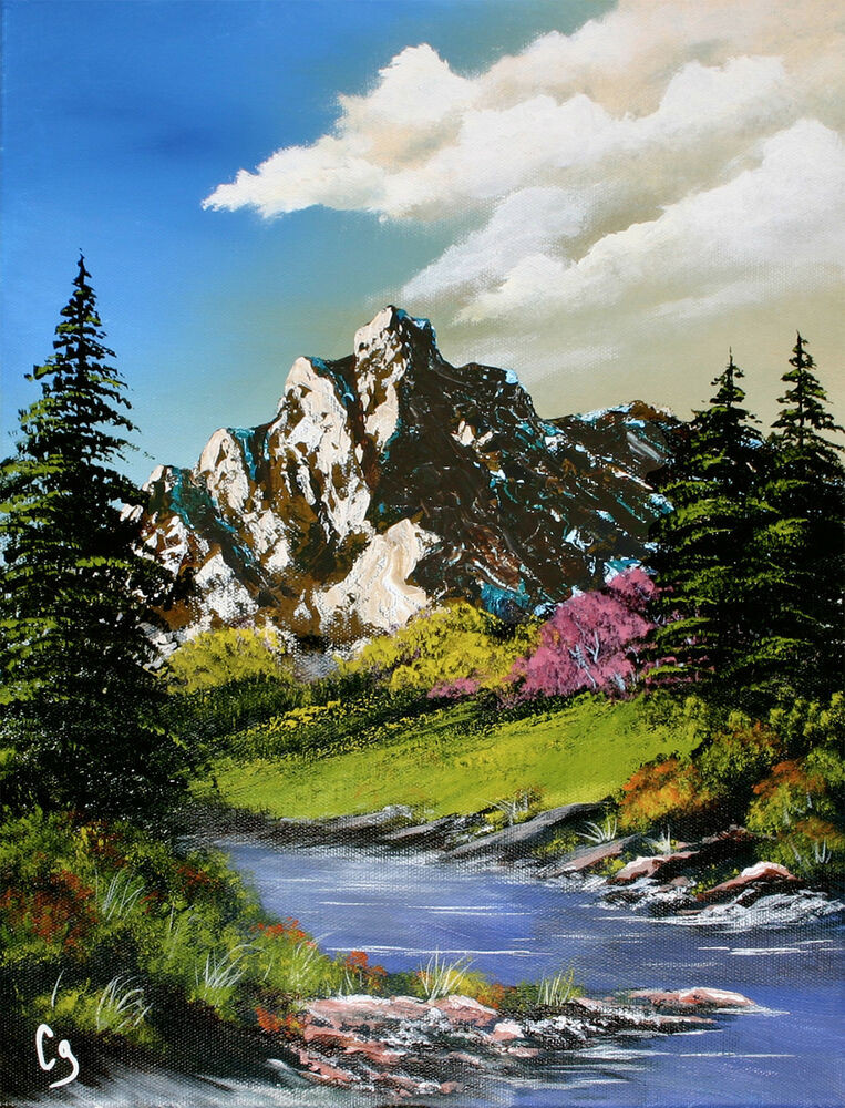 Mountain Landscape Painting
 VIBRANT MOUNTAIN & STREAM ACRYLIC 12x16" LANDSCAPE