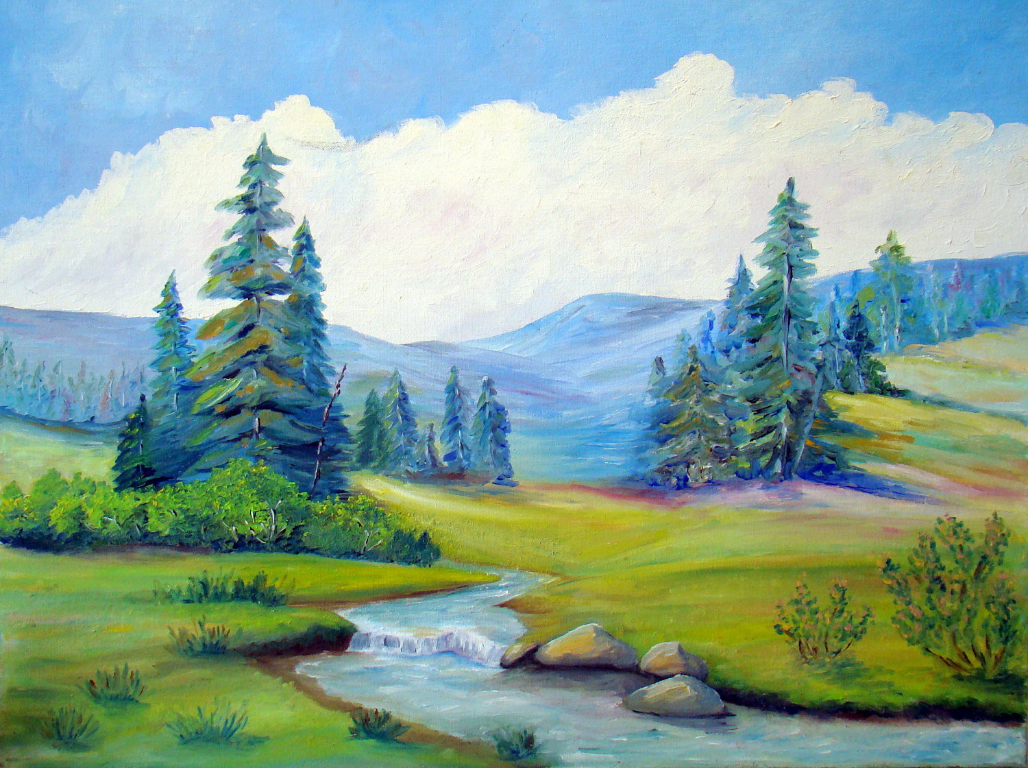 Mountain Landscape Painting
 vintage landscape painting Mountains trees stream by